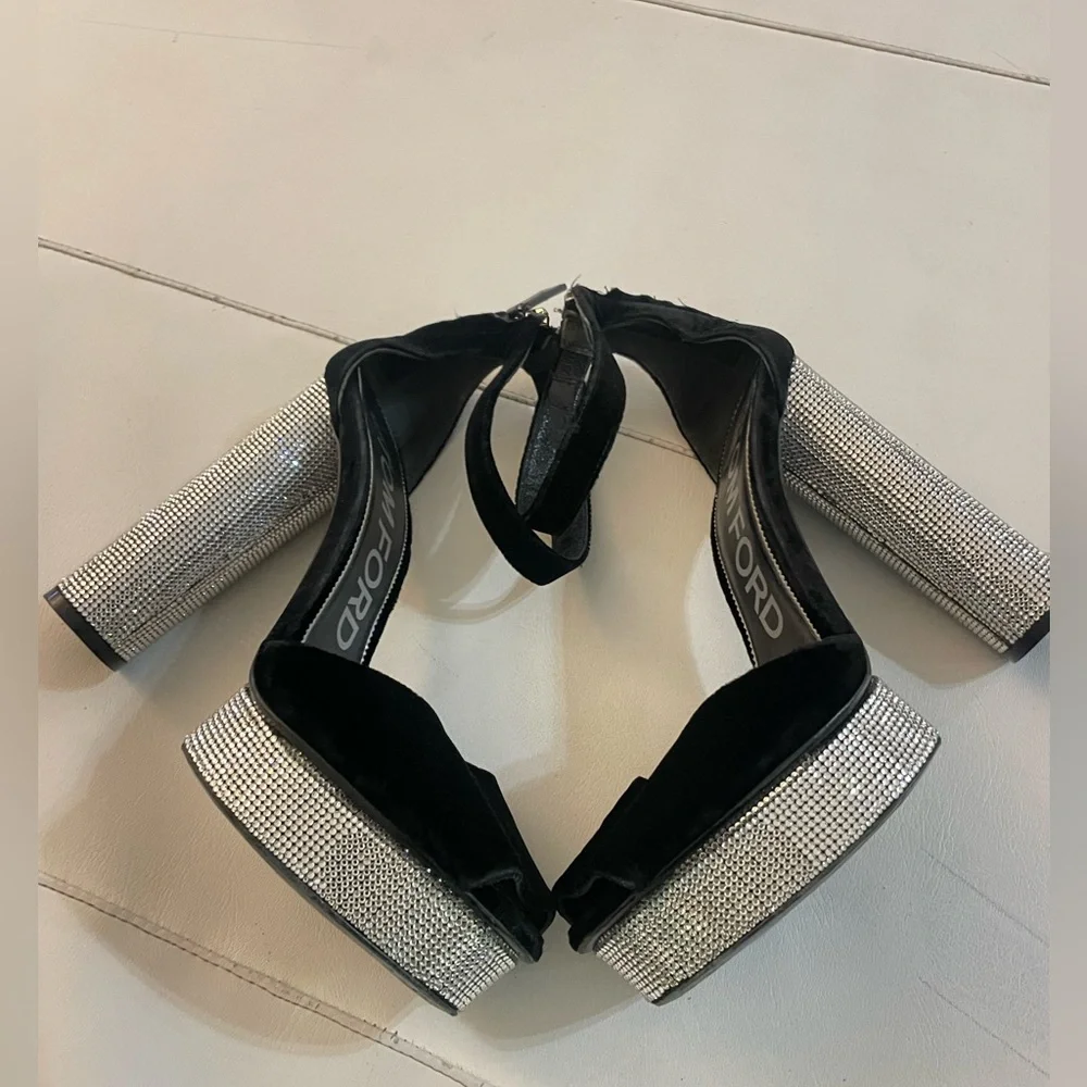 TOM FORD Black Velvet Crystal Holiday Platform Sandals 39